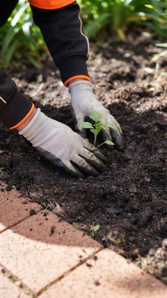 Rye Garden Group gardener planting a seedling into a mulched garden bed